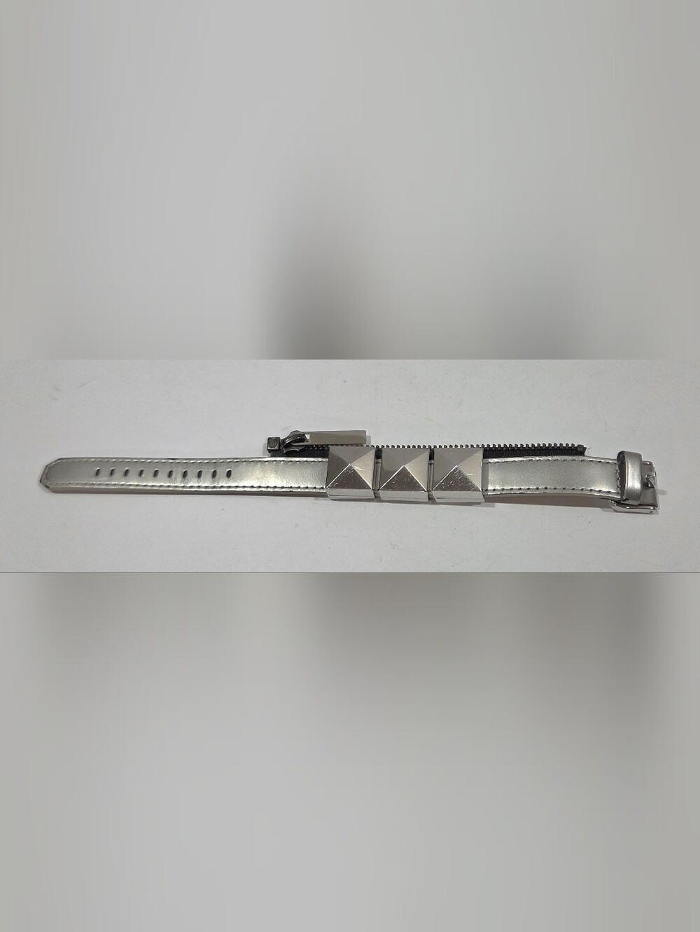 Karl Lagerfeld Leather Silver Metallic Zip Bracelet.